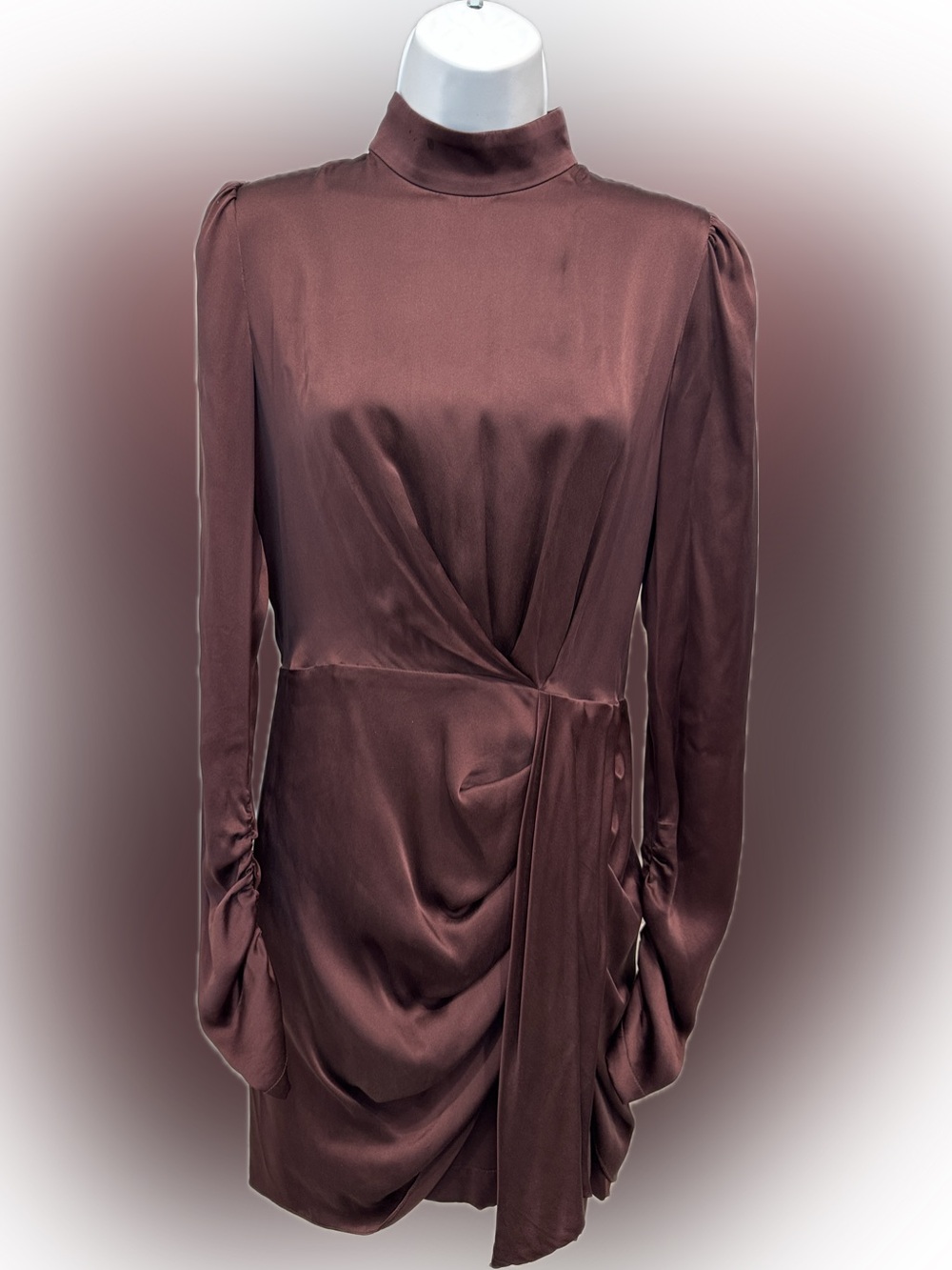 Zimmermann Long-Sleeve Satin Mock-Neck Dress in Deep Burgundy